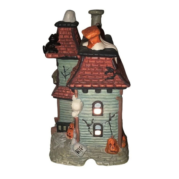 HAUNTED HOUSE Porcelain Illuminated Halloween Spooky Ghosts Pumpkins Black Cats - Picture 4 of 7